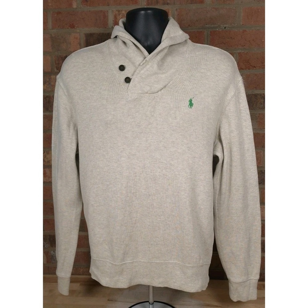 Polo Ralph Lauren Sweater Mens Medium Beige Cotton Shawl Cowl Neck Button